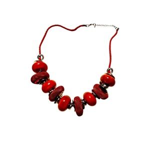 Chunky‎ Red Statement Necklace Textured Mesh ceramic enamel beads Silver Accents